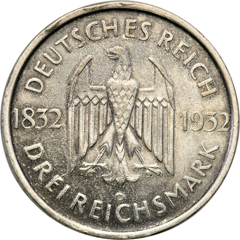 Niemcy, Weimar. 3 Marki 1932 D, Monachium - Goethe
